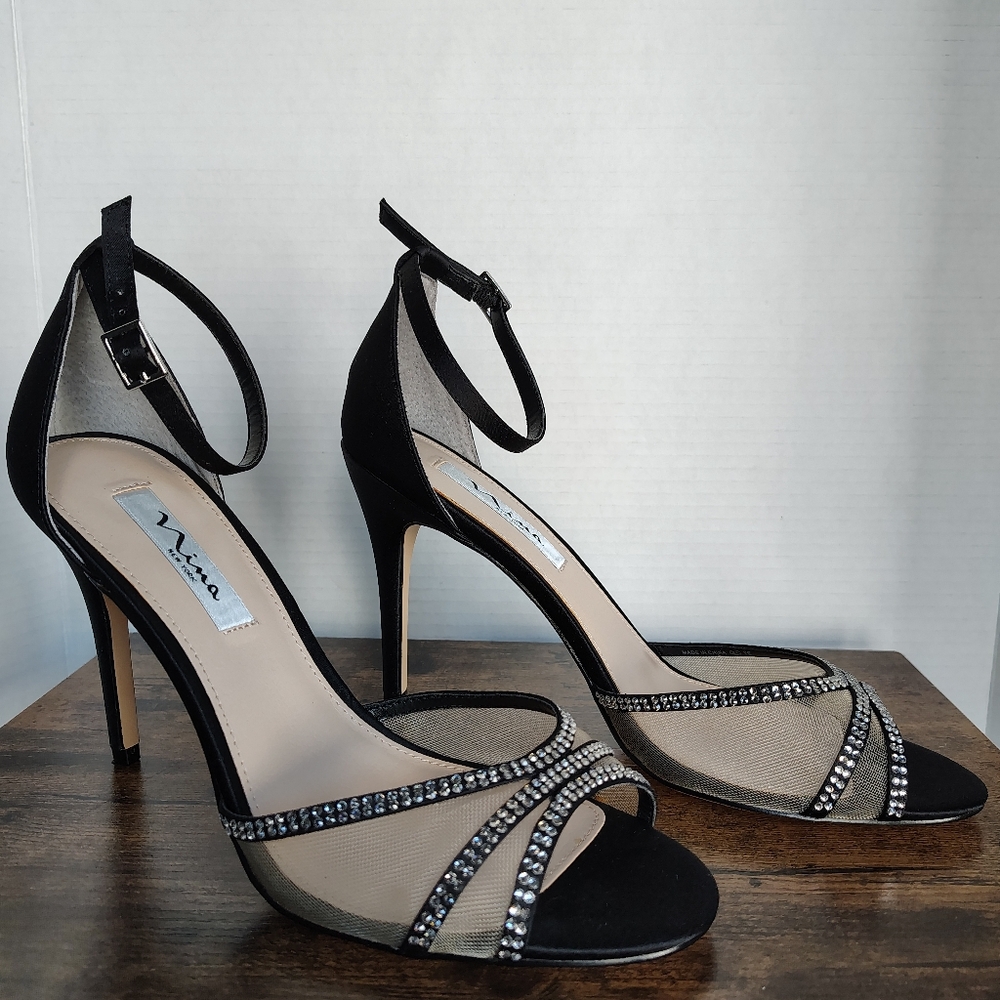 NINA Black Stiletto High Heels Rhinestone Mesh Prom Homecoming Special Occasion